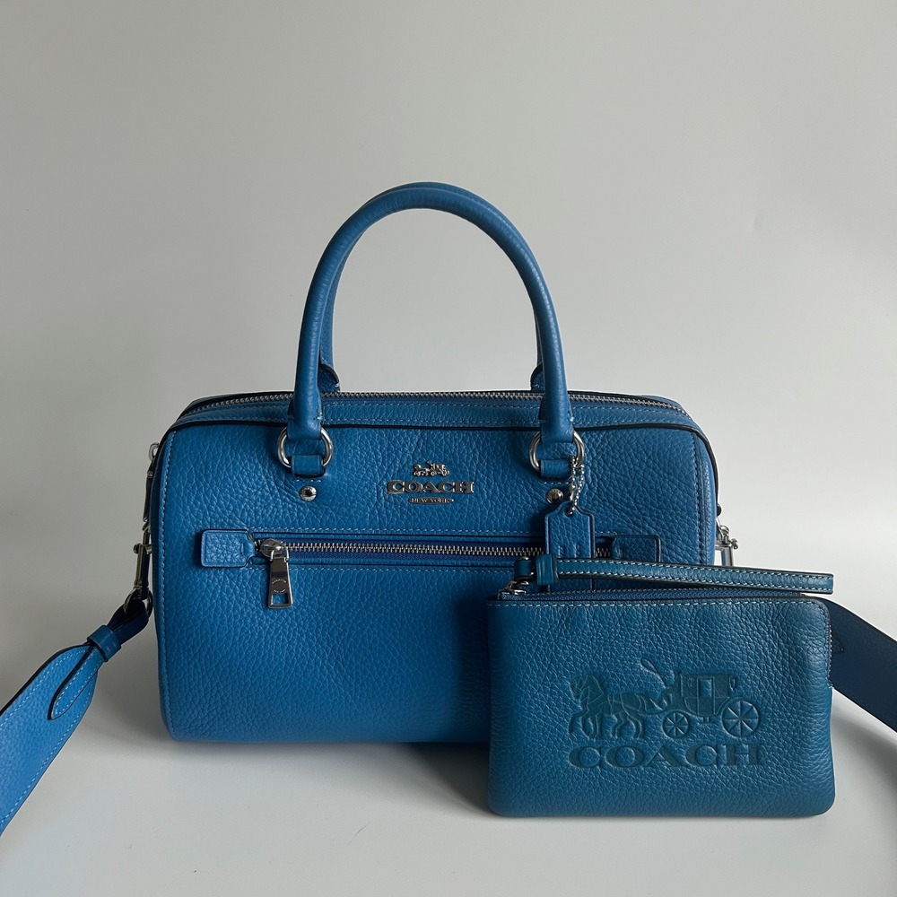 Coach Peanuts Rowan Blue Pebbled Leather Satchel Excellent